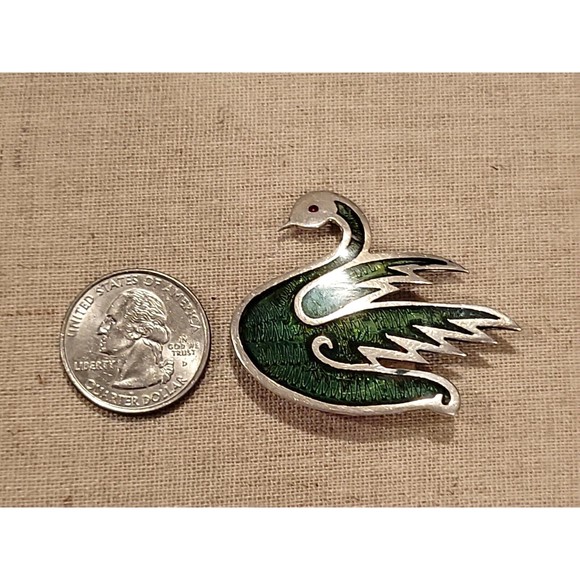 Vintage 925 Sterling Silver Inlay Swan Brooch Artist Signed JS Taxco Mexico MCM - Picture 7 of 8